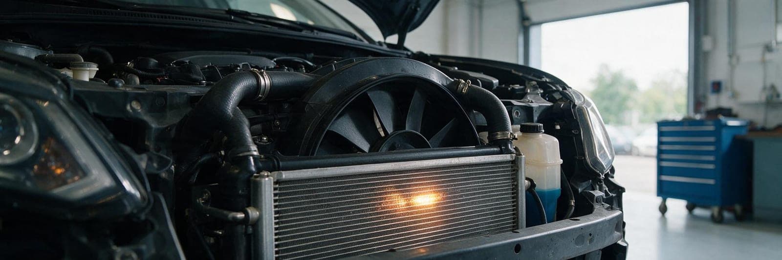 Radiator, kjølevifte og kjøleslanger fremme i motorrommet